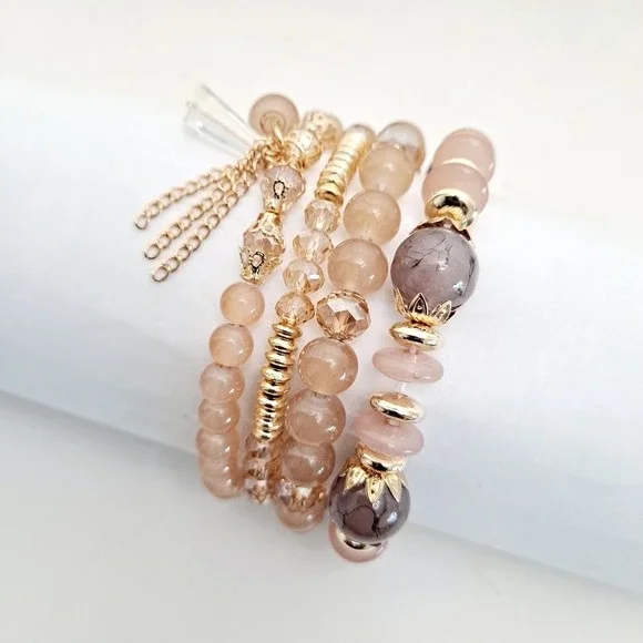 Boho Elastic Beaded gold pink Charm Bracelet Stretch multilayer set 💖2/$30 - Picture 8 of 11